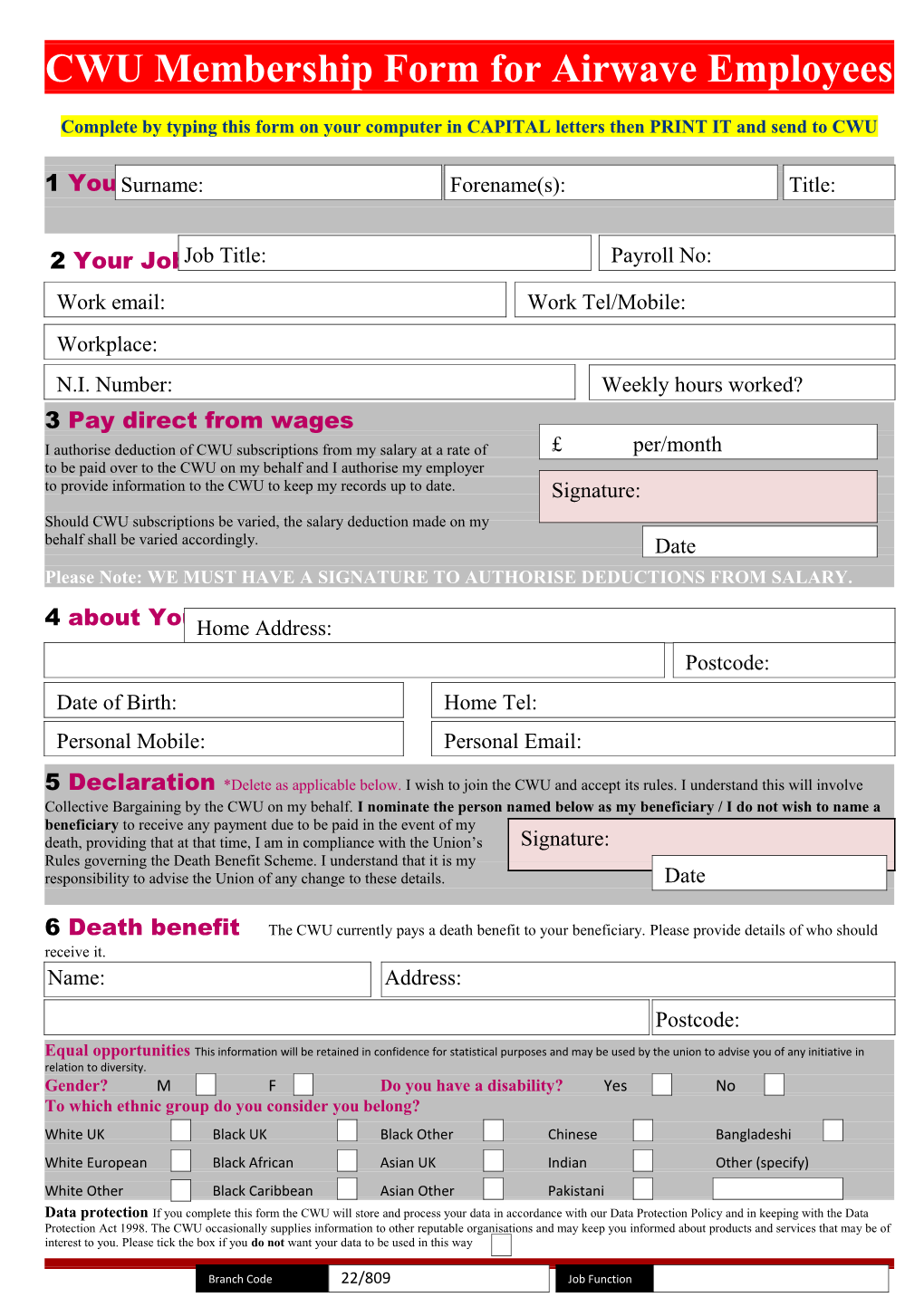 CWU Membership Form for Airwave Employees