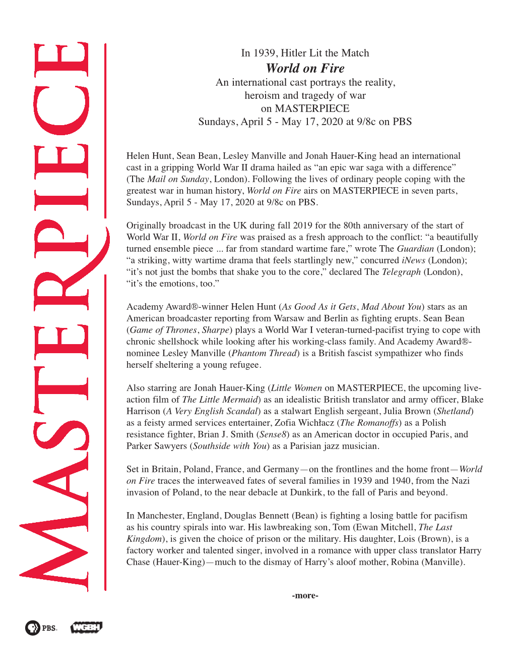 World on Fire an International Cast Portrays the Reality, Heroism and Tragedy of War on MASTERPIECE Sundays, April 5 - May 17, 2020 at 9/8C on PBS