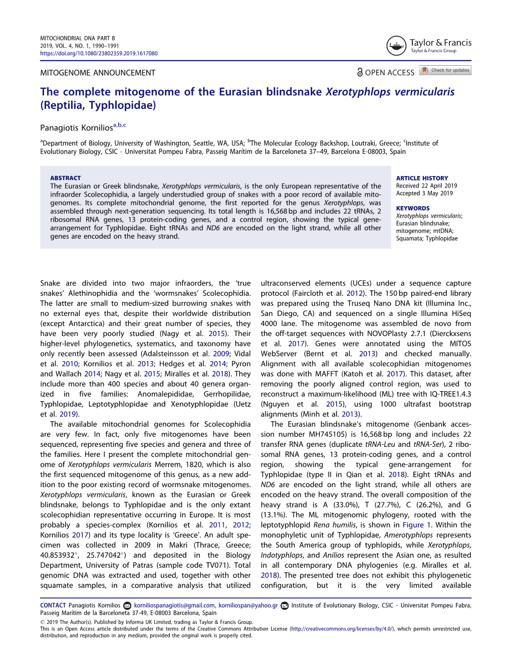 The Complete Mitogenome of the Eurasian Blindsnake Xerotyphlops Vermicularis (Reptilia, Typhlopidae)