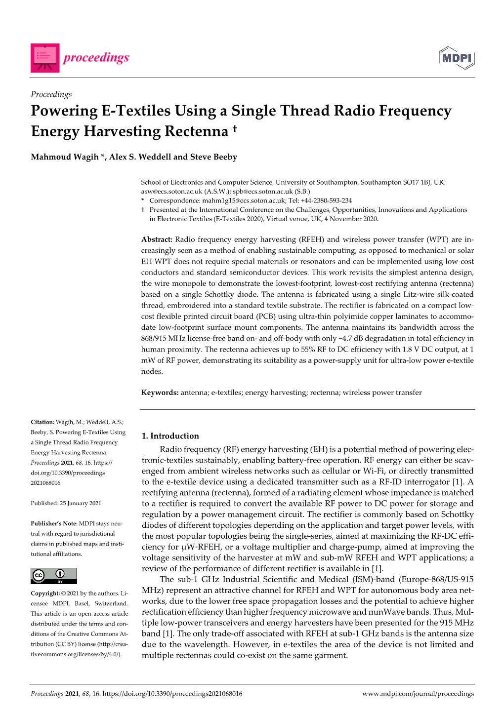 Powering E-Textiles Using a Single Thread Radio Frequency Energy Harvesting Rectenna †