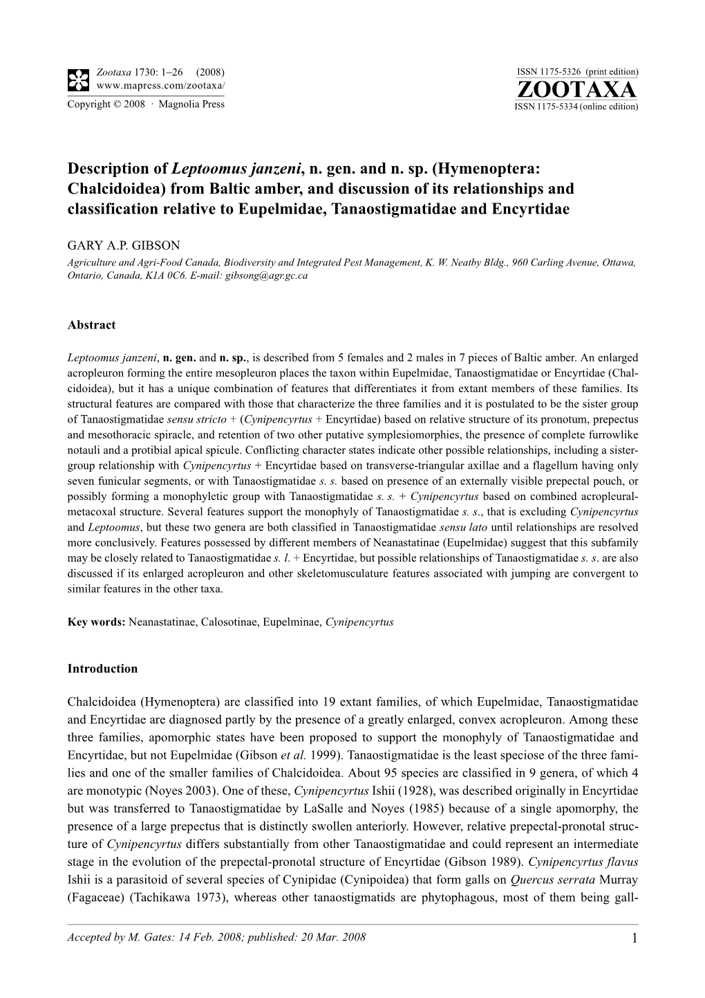 Zootaxa, Description of Leptoomus Janzeni, N. Gen. and N. Sp