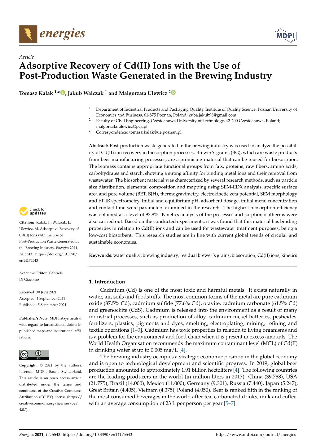 Adsorptive Recovery of Cd(II) Ions with the Use of Post-Production Waste Generated in the Brewing Industry