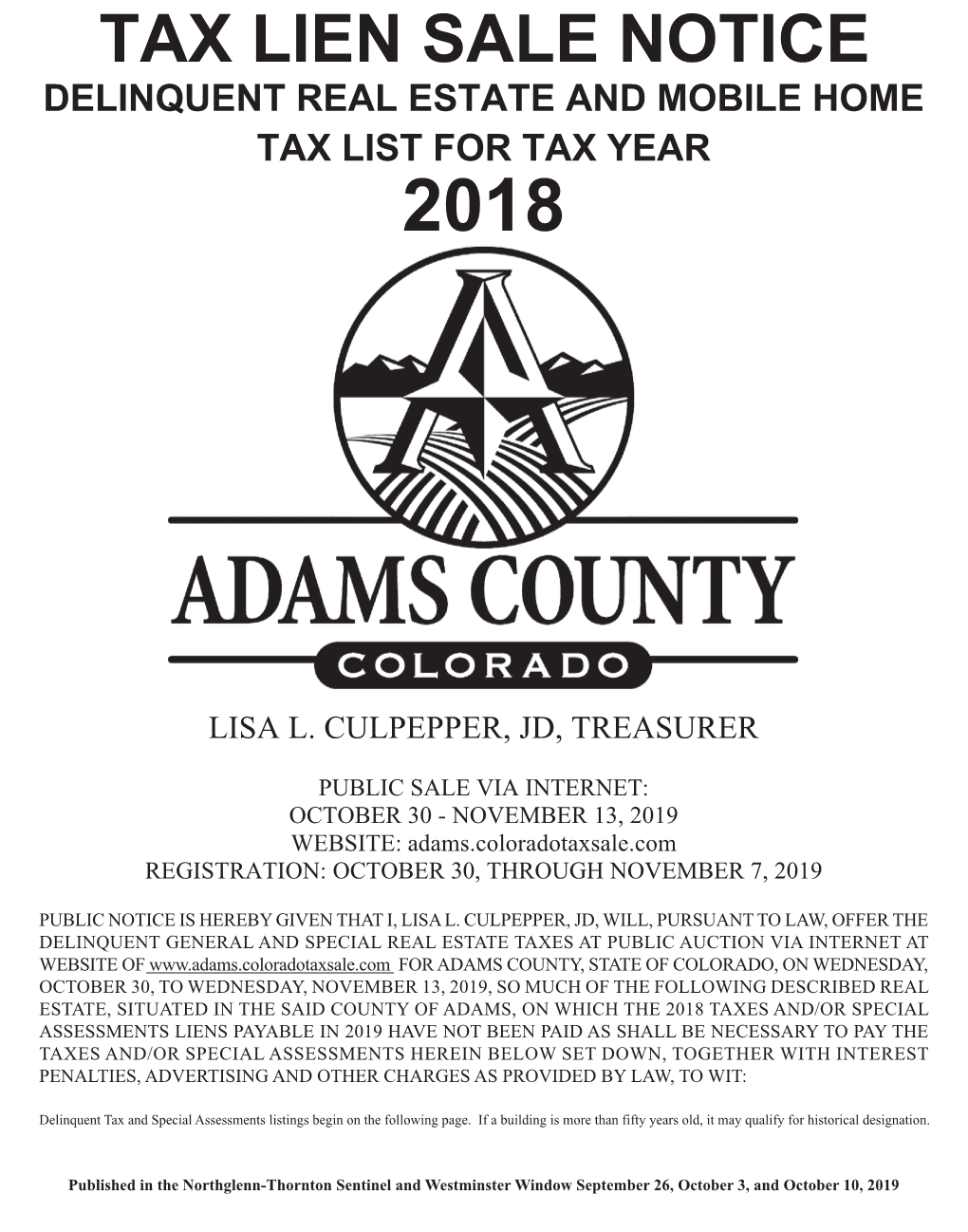 2019 Adams County Tax Lien.Indd