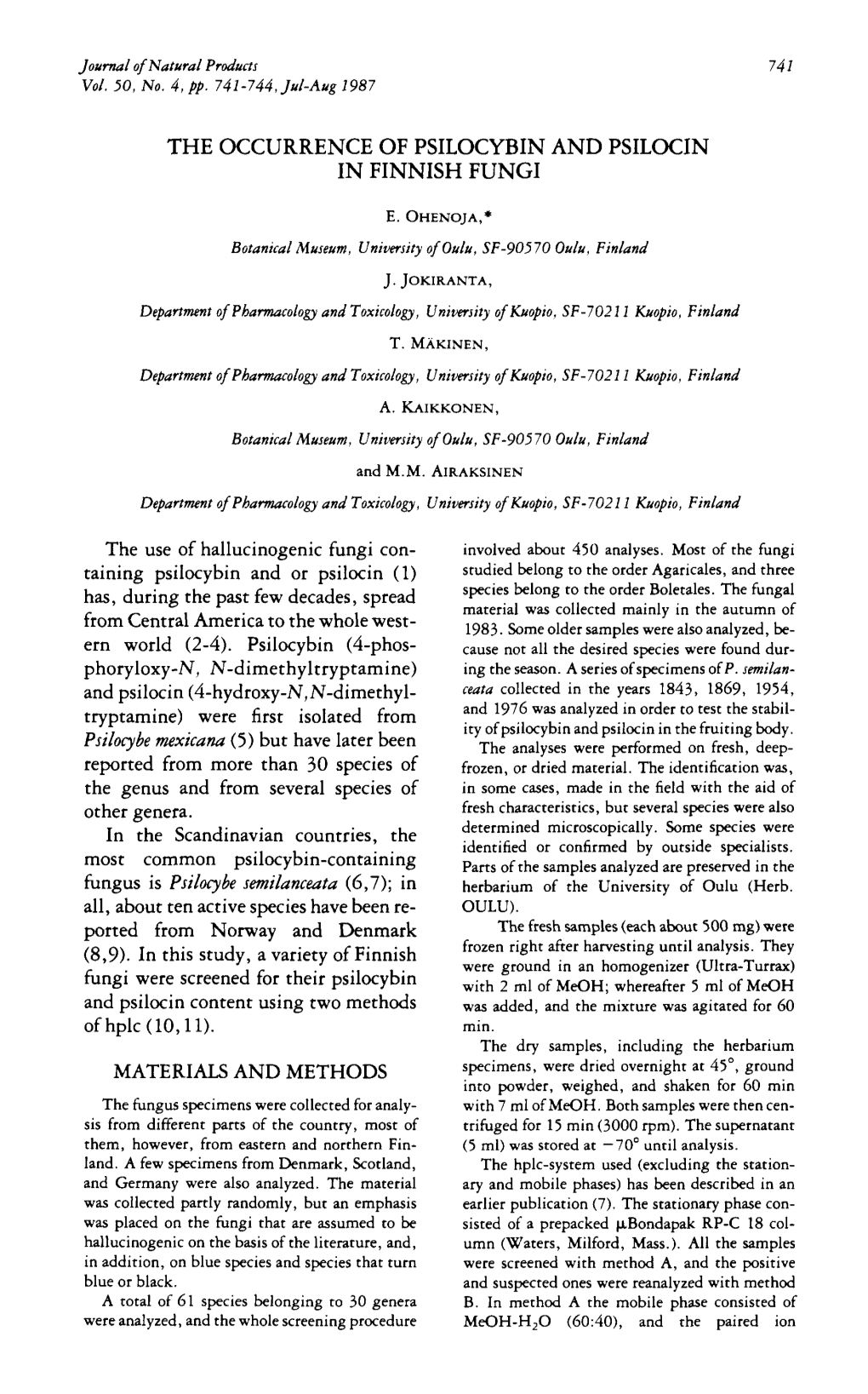 The Occurrence of Psilocybin and Psilocin in Finnish Fungi