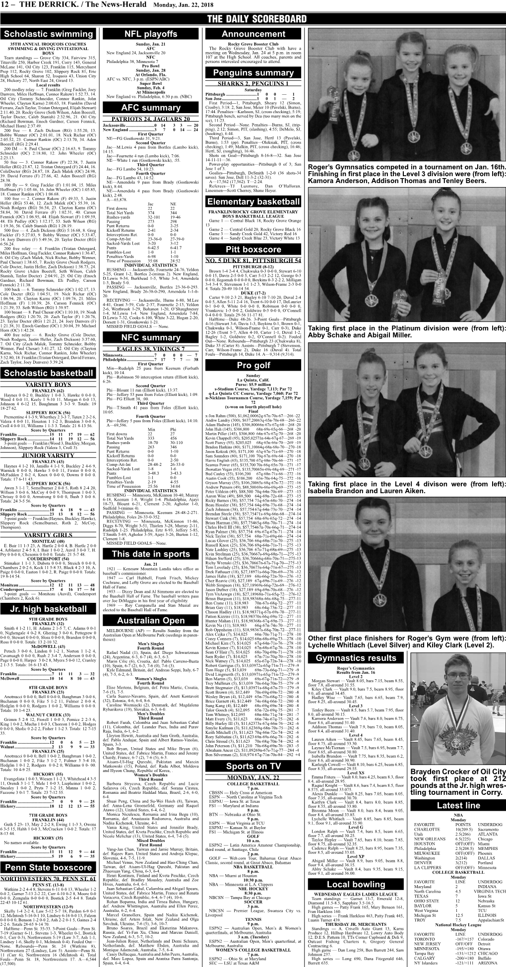 THE DAILY SCOREBOARD Scholastic Swimming NFL Playoffs Announcement 35TH ANNUAL IROQUOIS COACHES Sunday, Jan