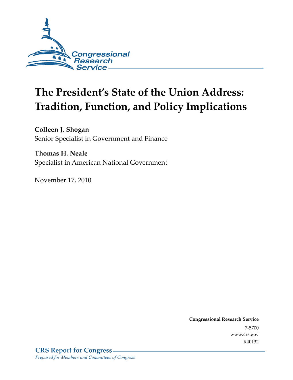 The President's State of the Union Address: Tradition, Function, and Policy Implications