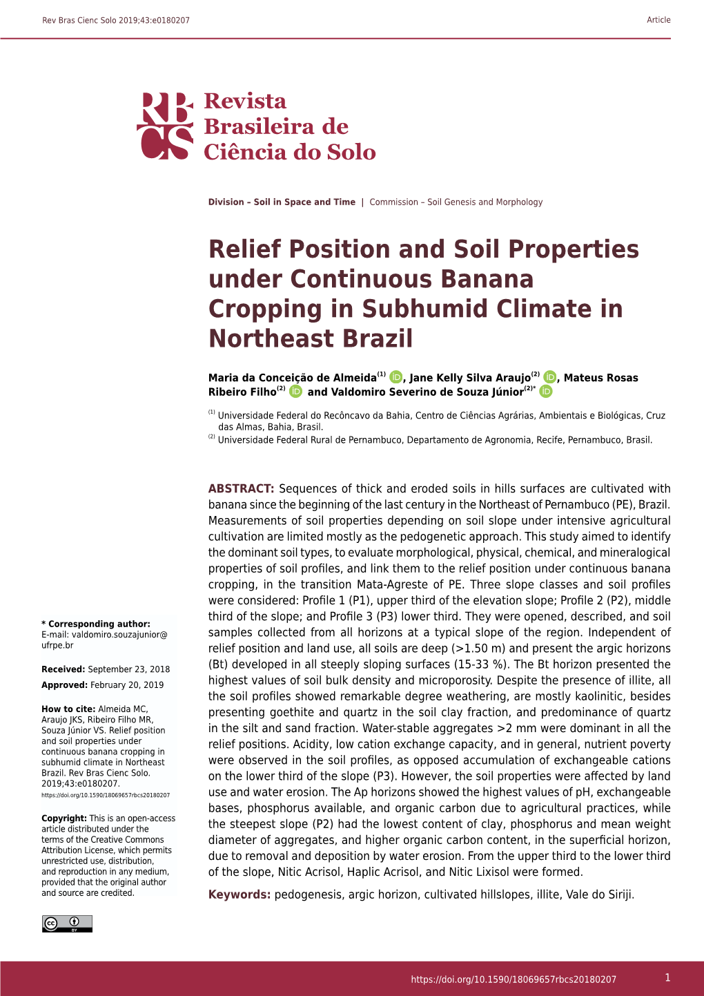 Relief Position and Soil Properties Under Continuous Banana Cropping in Subhumid Climate in Northeast Brazil