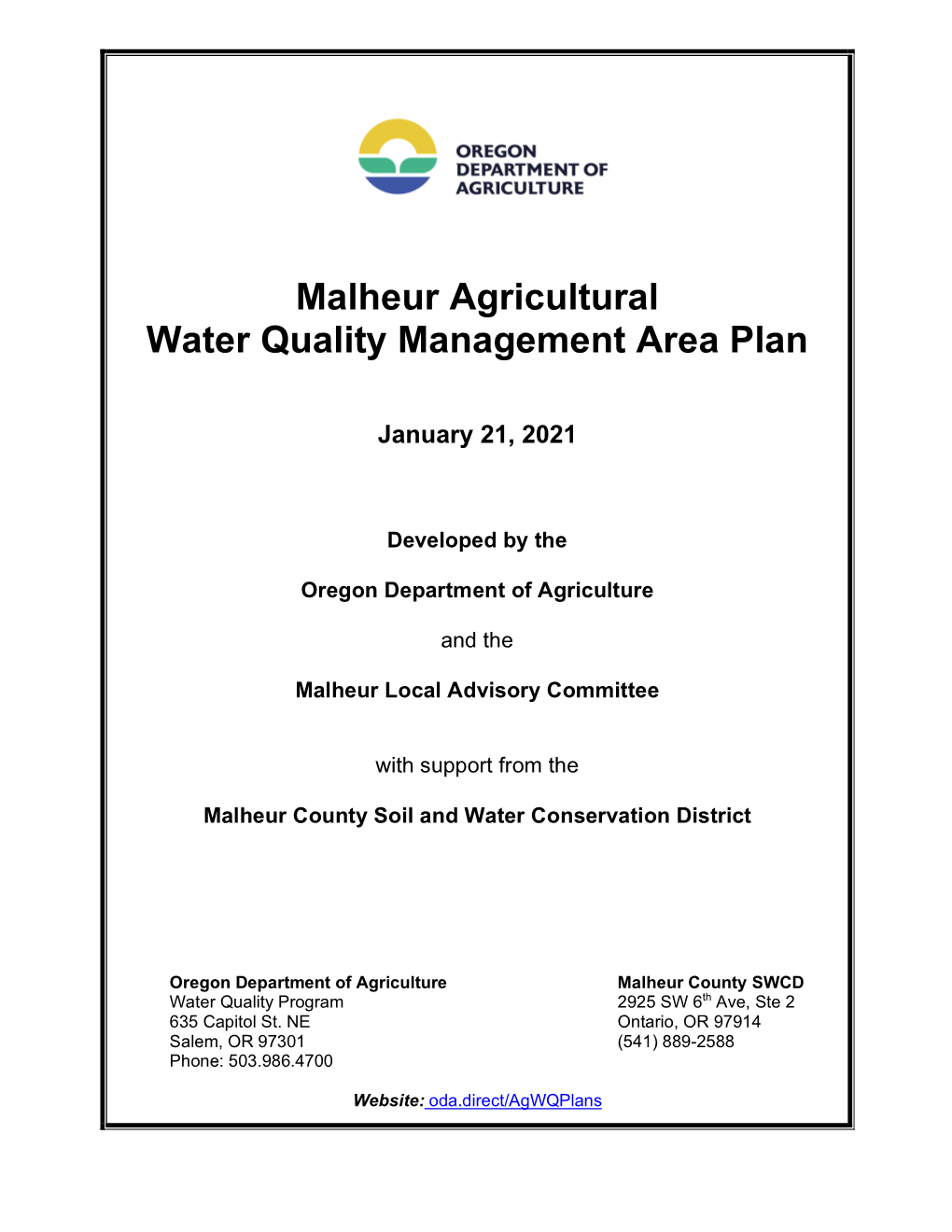 Malheur River Basin Agricultural Water Quality Management Area Plan