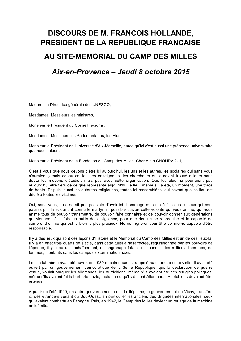 Discours De M. Francois Hollande, President De La Republique Francaise Au Site-Memorial Du Camp Des Milles