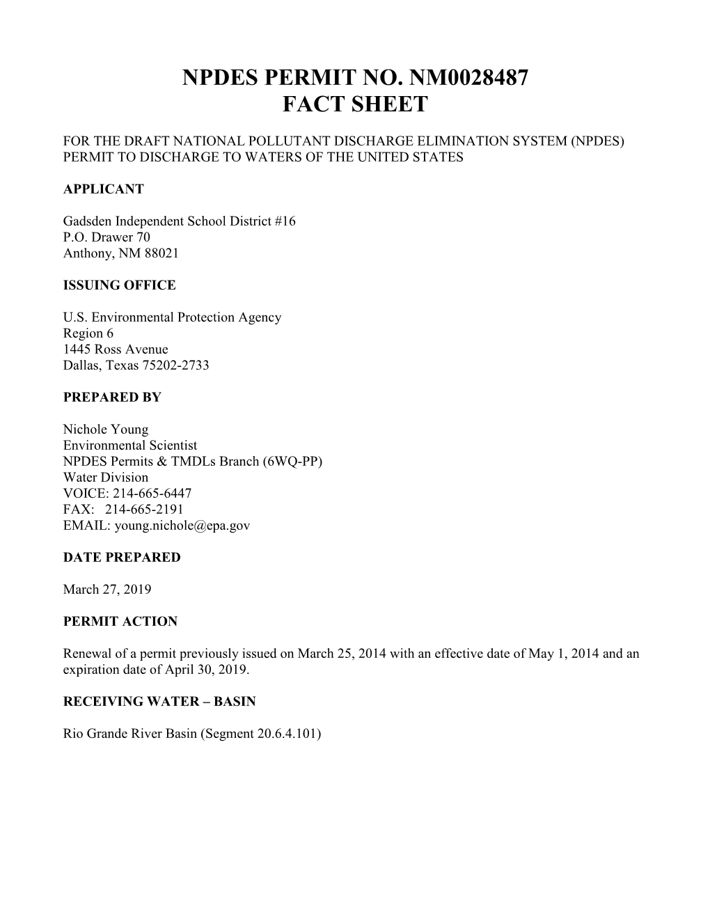 Npdes Permit No. Nm0028487 Fact Sheet