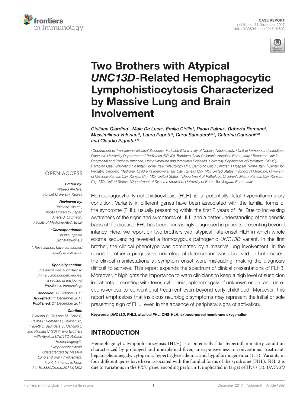 Two Brothers with Atypical UNC13D-Related Hemophagocytic Lymphohistiocytosis Characterized by Massive Lung and Brain Involvement