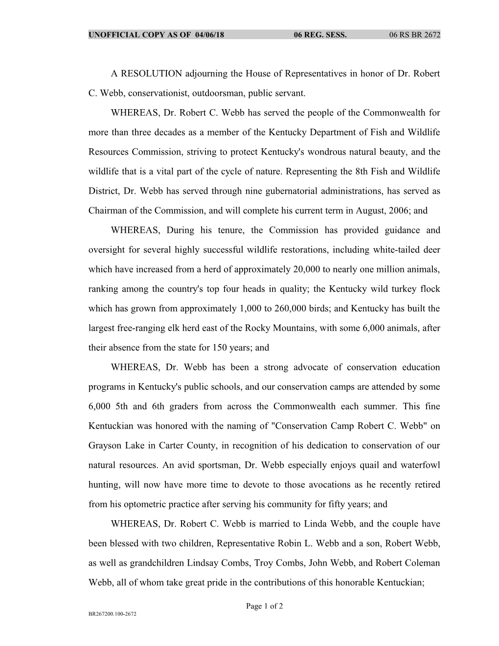 Unofficial Copy As of 03/23/06 06 Reg. Sess. 06 Rs Br 2672