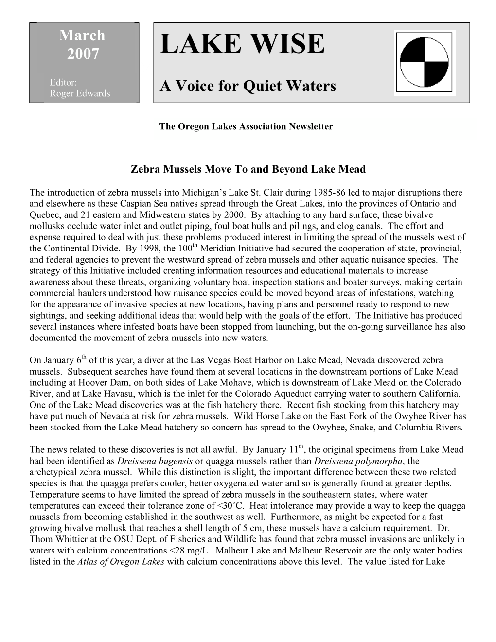 LAKE WISE August 2004 Editor: Roger Edwards a Voice for Quiet Waters