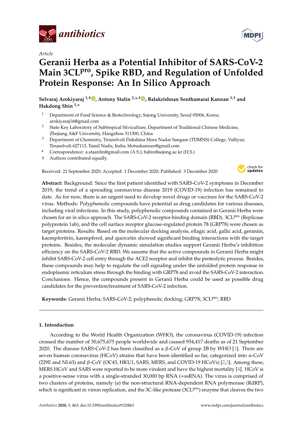 Geranii Herba As a Potential Inhibitor of SARS-Cov-2 Main 3Clpro, Spike RBD, and Regulation of Unfolded Protein Response: an in Silico Approach