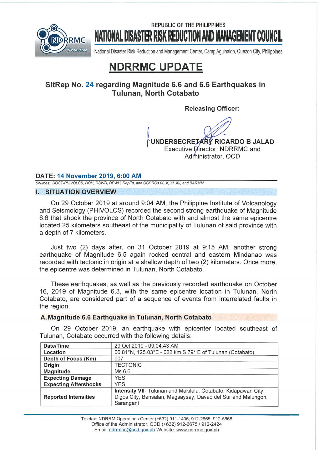 Sitrep No.24 Re Magnitude 6.6 and 6.5 Earthquakes in Tulunan North Cotabato