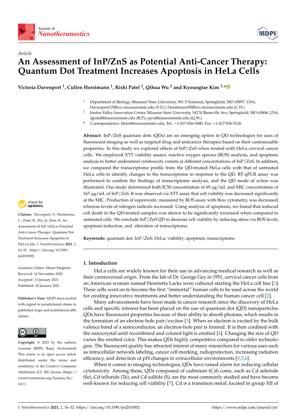 An Assessment of Inp/Zns As Potential Anti-Cancer Therapy: Quantum Dot Treatment Increases Apoptosis in Hela Cells