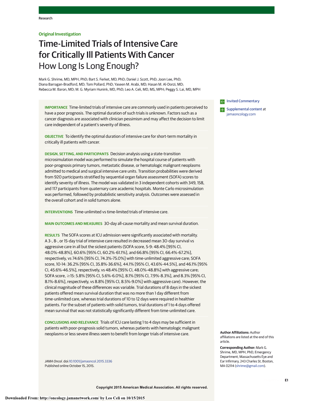 Time-Limited Trials of Intensive Care for Critically Ill Patients with Cancer How Long Is Long Enough?