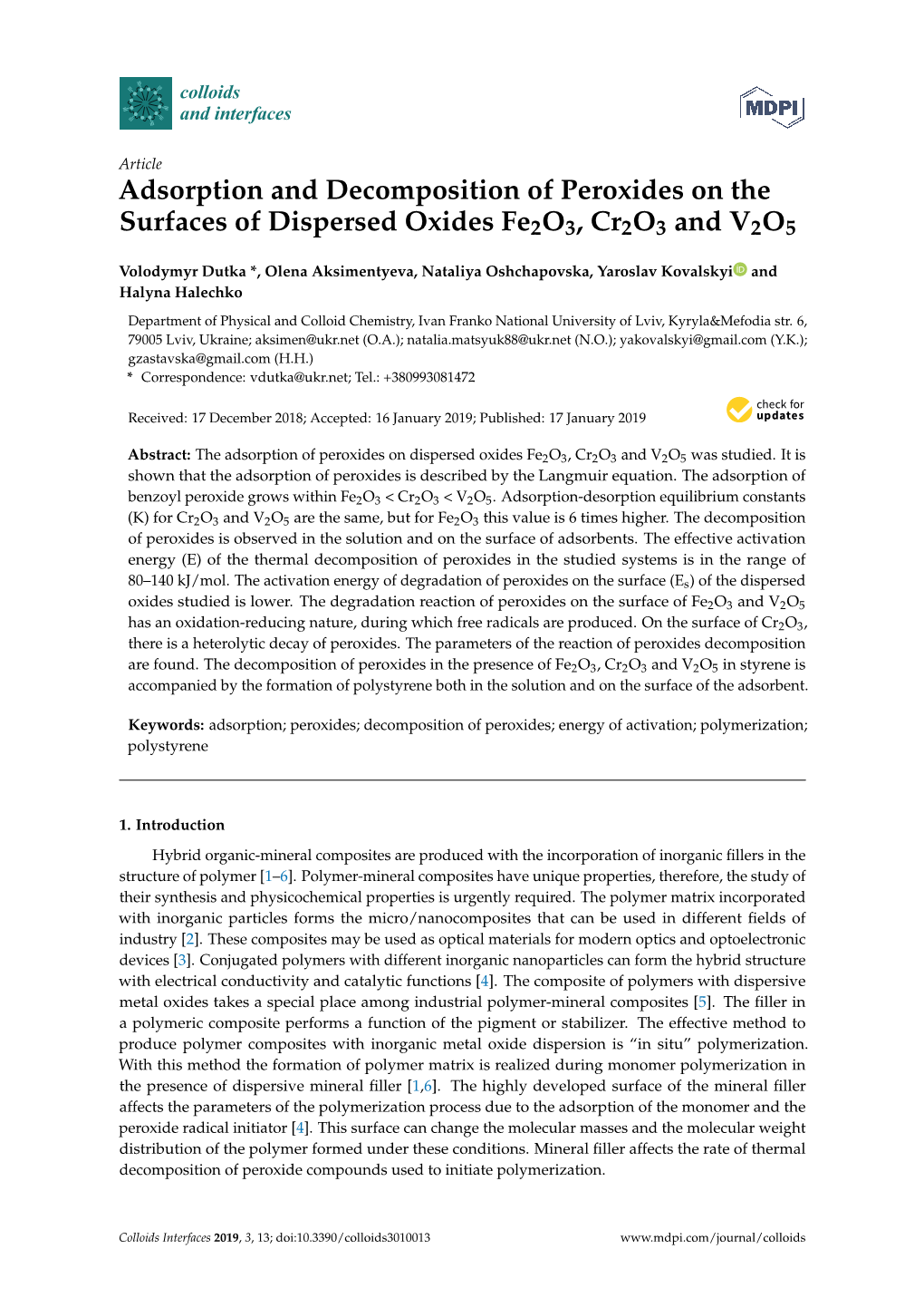 Adsorption and Decomposition of Peroxides on the Surfaces of Dispersed Oxides Fe2o3, Cr2o3 and V2O5