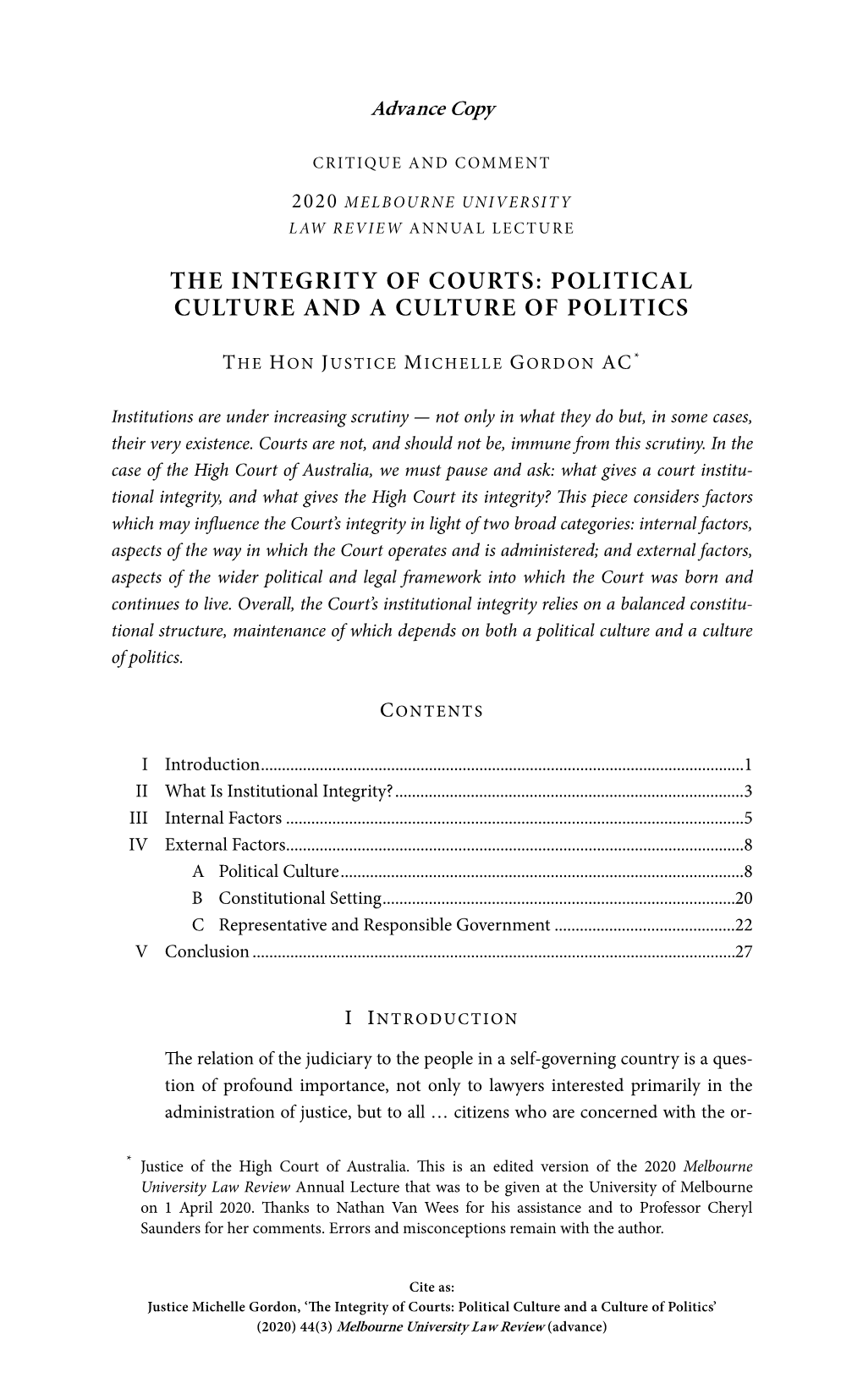 The Integrity of Courts: Political Culture and a Culture of Politics