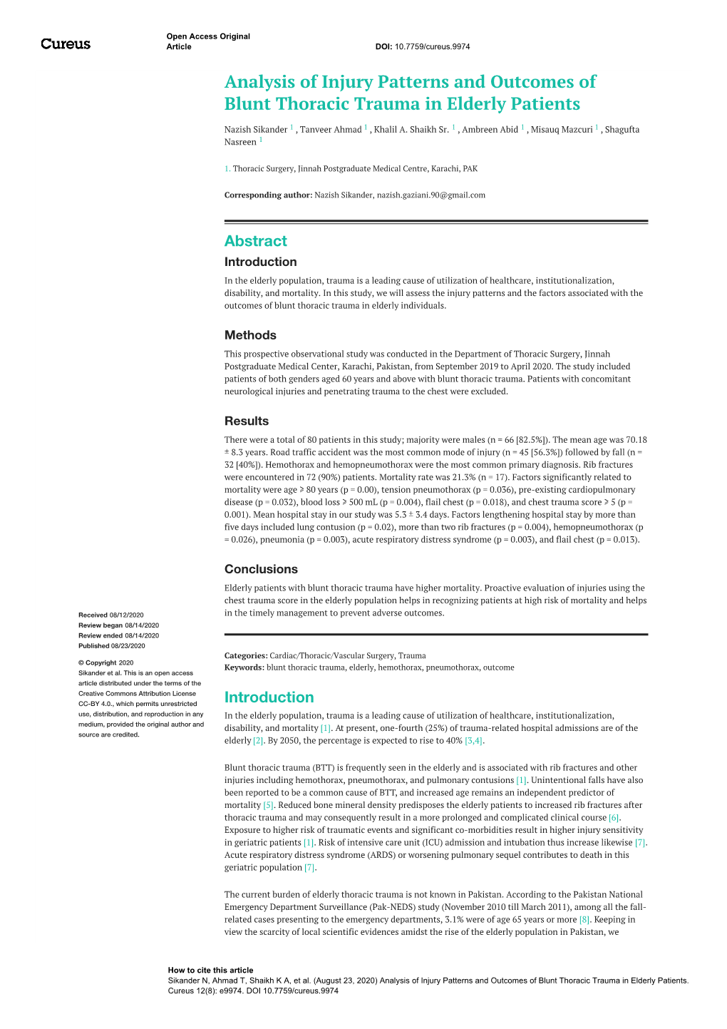 Analysis of Injury Patterns and Outcomes of Blunt Thoracic Trauma in Elderly Patients