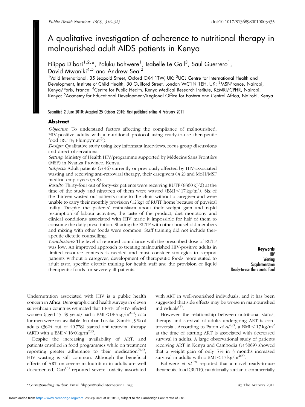 A Qualitative Investigation of Adherence to Nutritional Therapy in Malnourished Adult AIDS Patients in Kenya