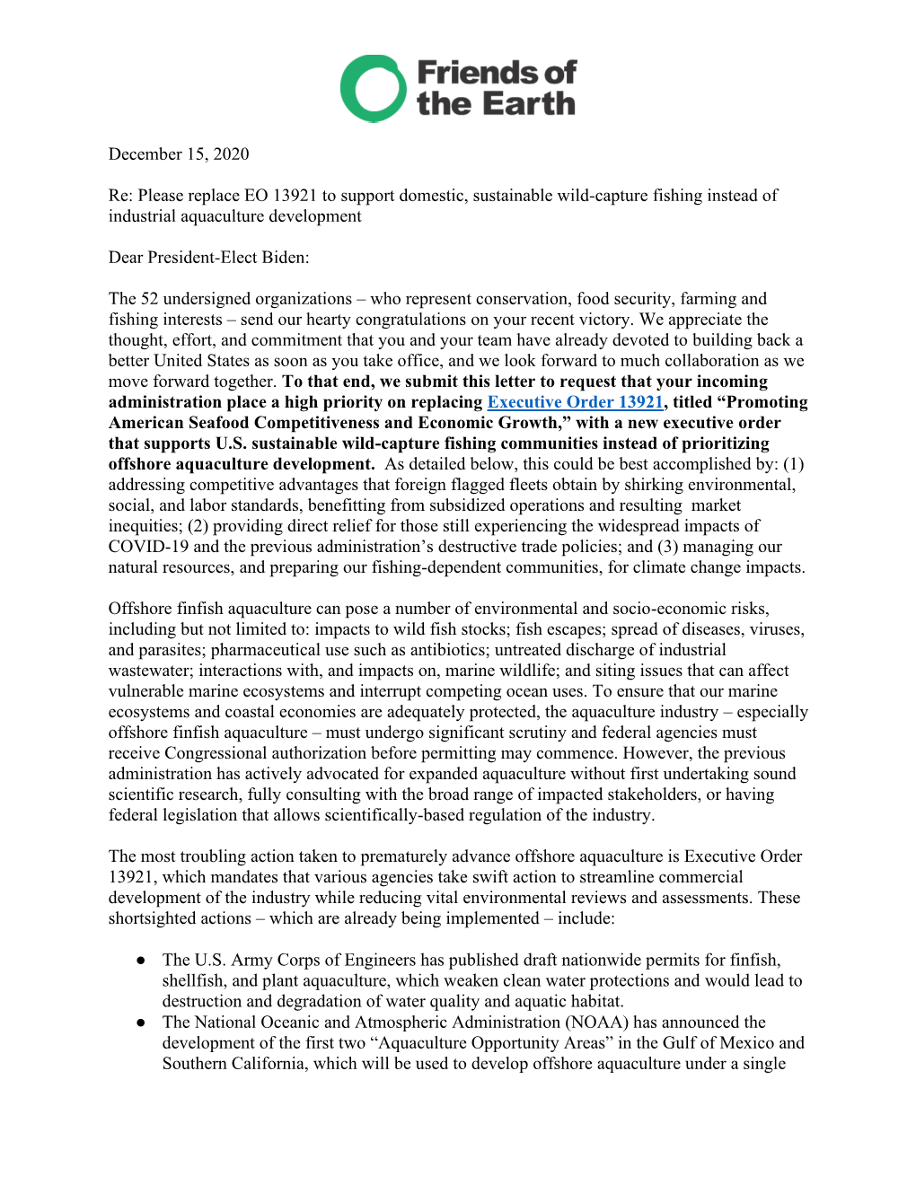 December 15, 2020 Re: Please Replace EO 13921 to Support Domestic, Sustainable Wild-Capture Fishing Instead of Industrial Aquacu