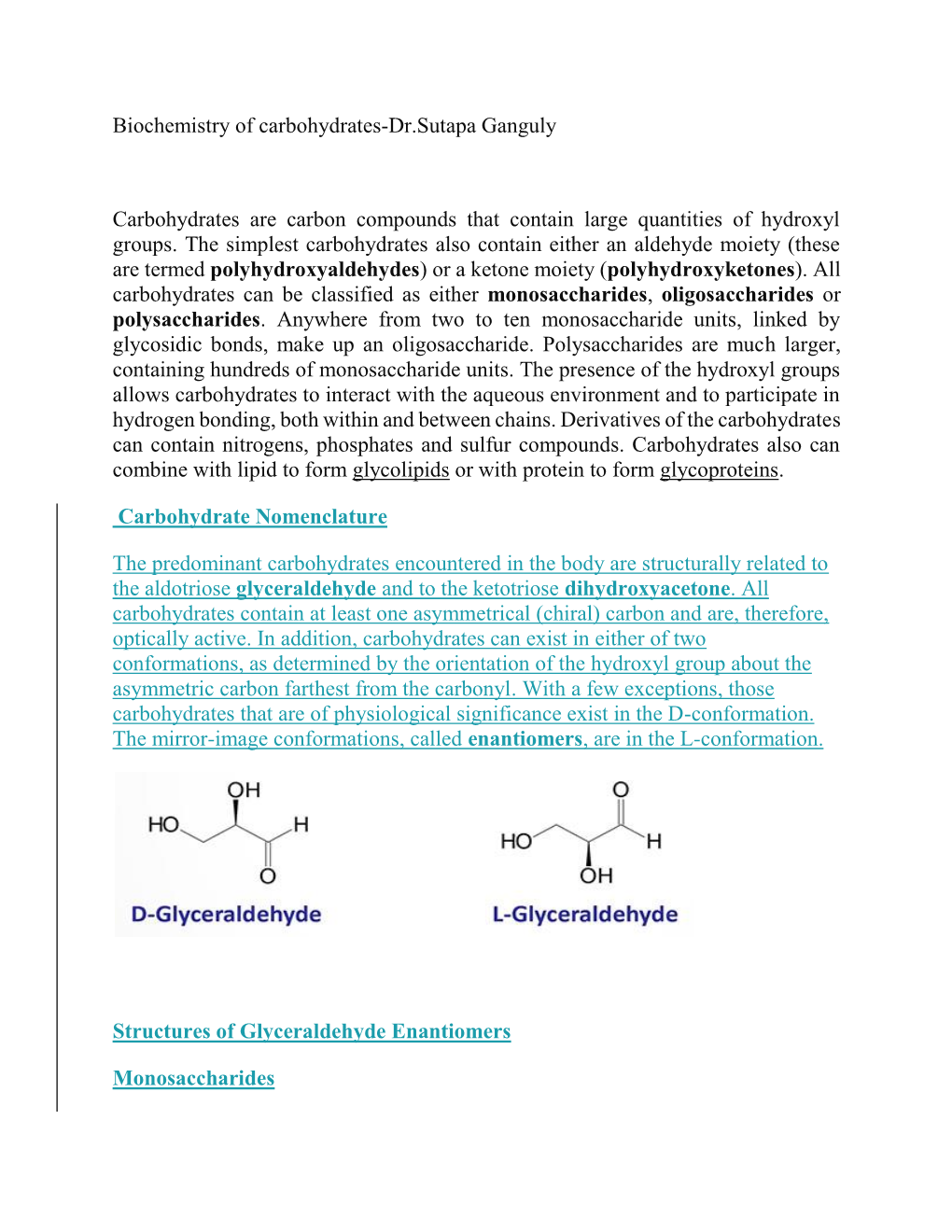 Biochemistry of Carbohydrates-Dr.Sutapa Ganguly