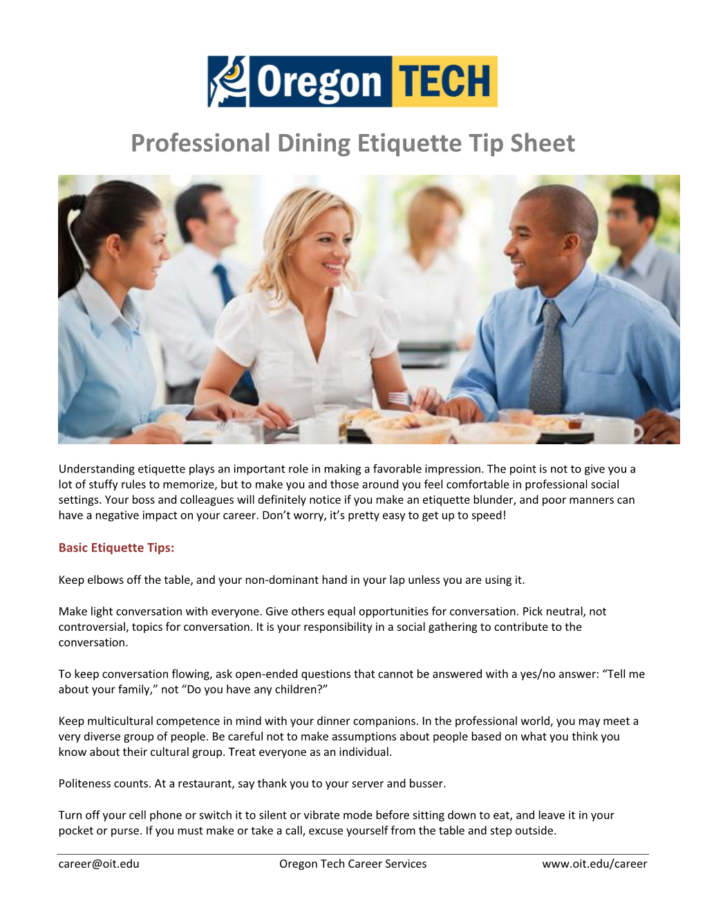 Professional Dining Etiquette Tip Sheet