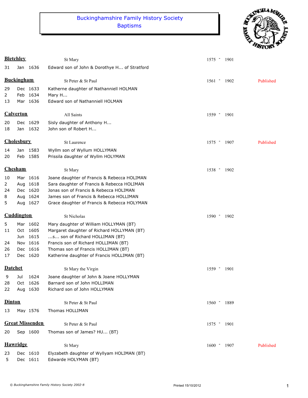 Buckinghamshire Family History Society Baptisms Bletchley