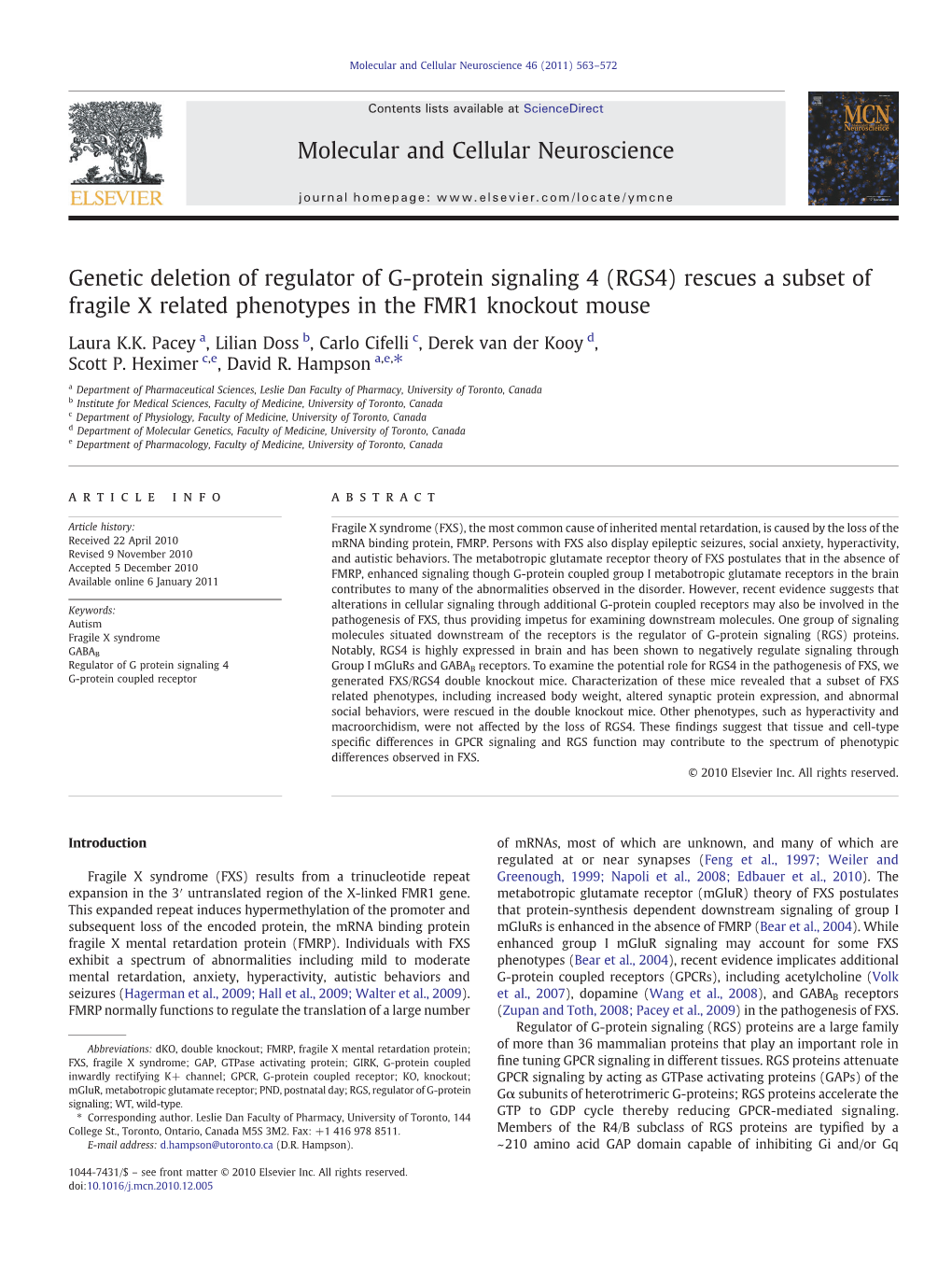 RGS4) Rescues a Subset of Fragile X Related Phenotypes in the FMR1 Knockout Mouse