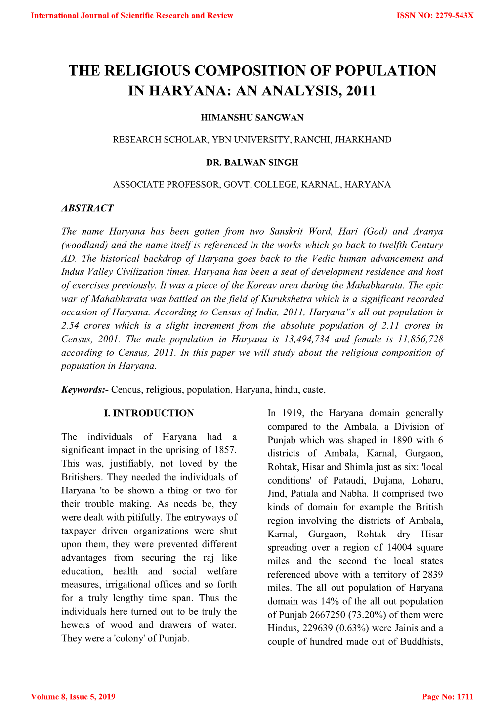 The Religious Composition of Population in Haryana: an Analysis, 2011