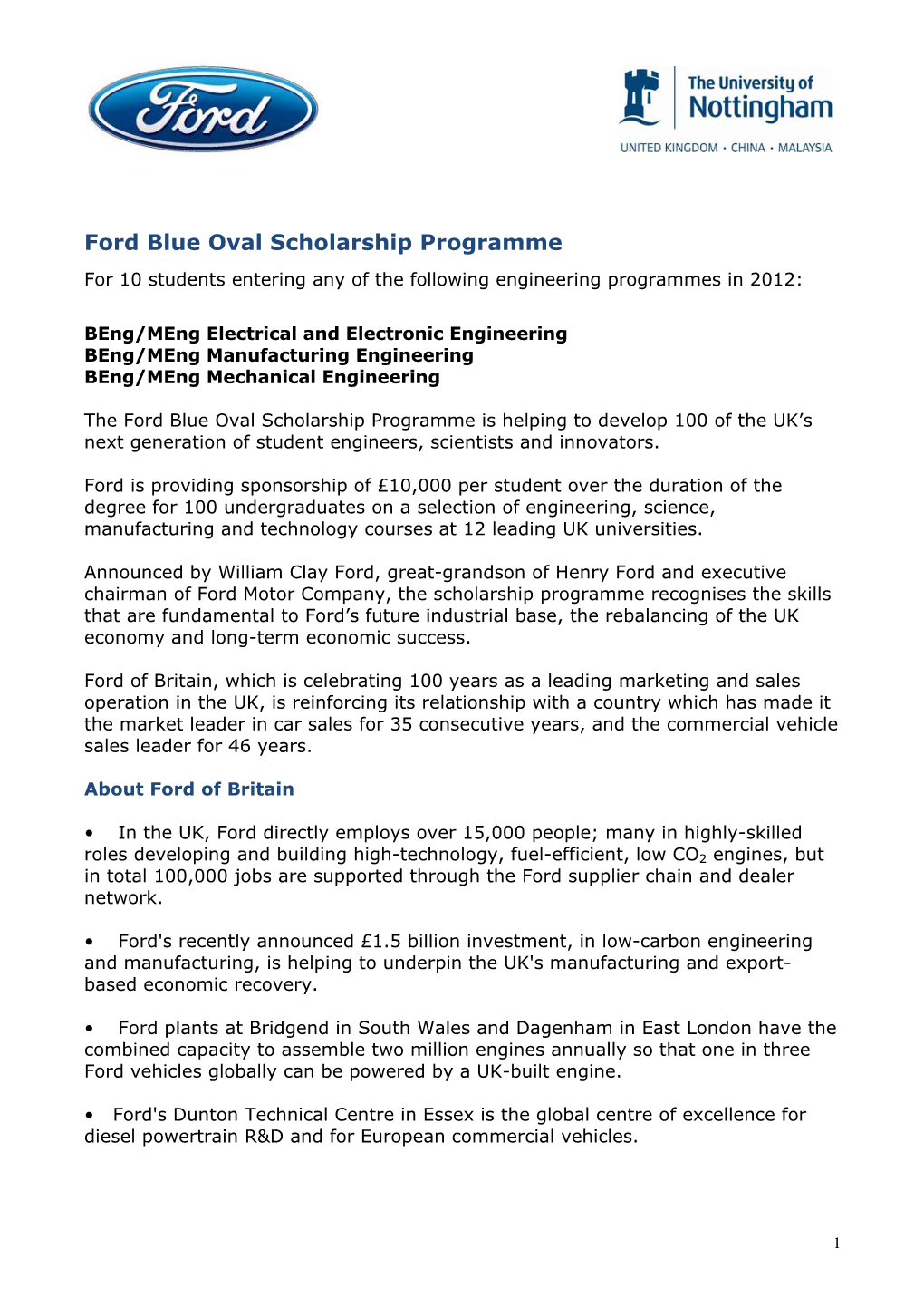 Ford Blue Oval Scholarship Programme for 10 Students Entering Any of the Following Engineering Programmes in 2012