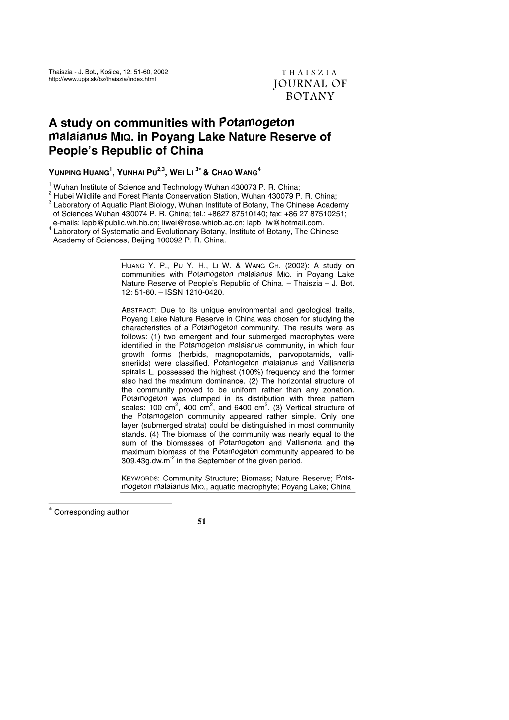 JOURNAL of BOTANY a Study on Communities with Potamogeton
