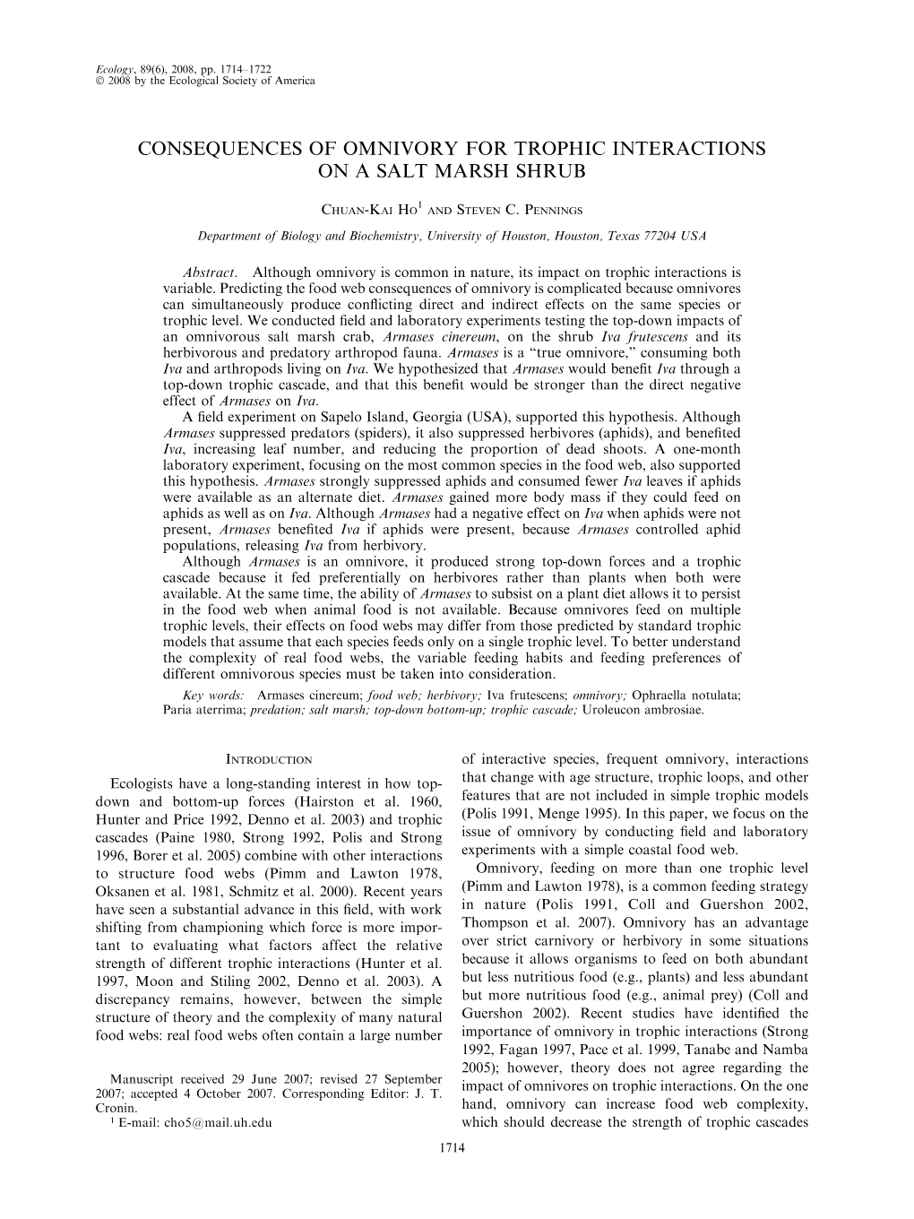 Consequences of Omnivory for Trophic Interactions on a Salt Marsh Shrub