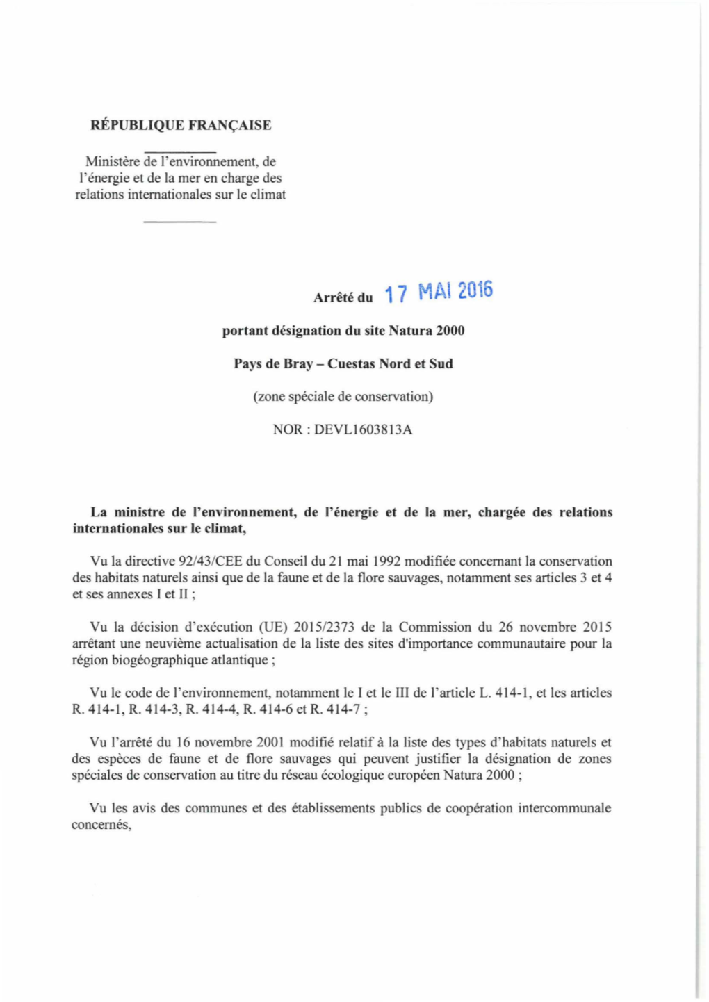 RÉPUBLIQUE FRANÇAISE Ministère De 1 'Environnement, De L'énergie Et