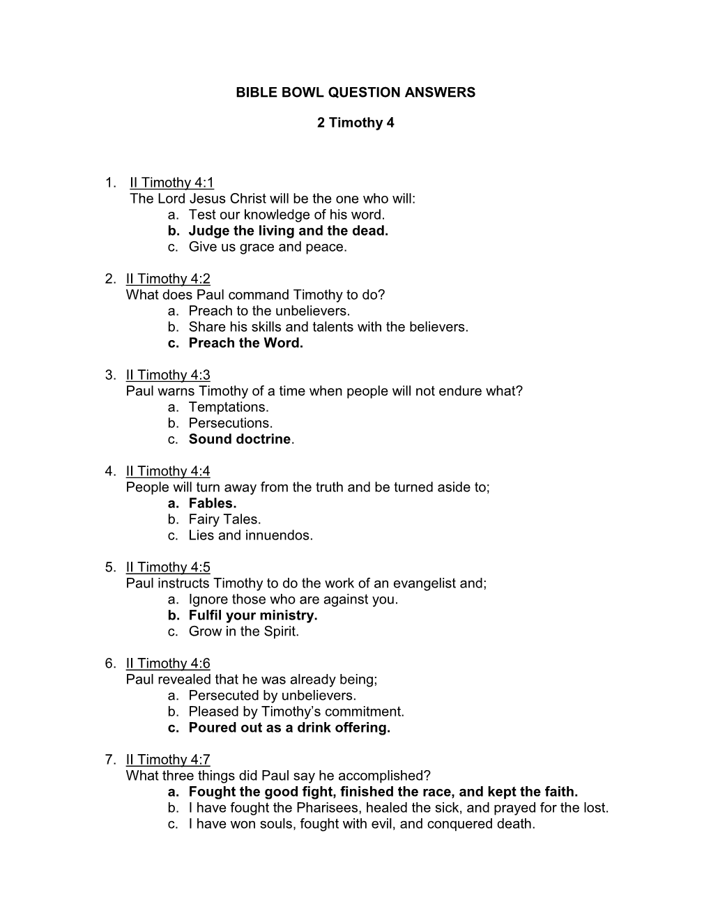 BIBLE BOWL QUESTION ANSWERS 2 Timothy 4 1. II