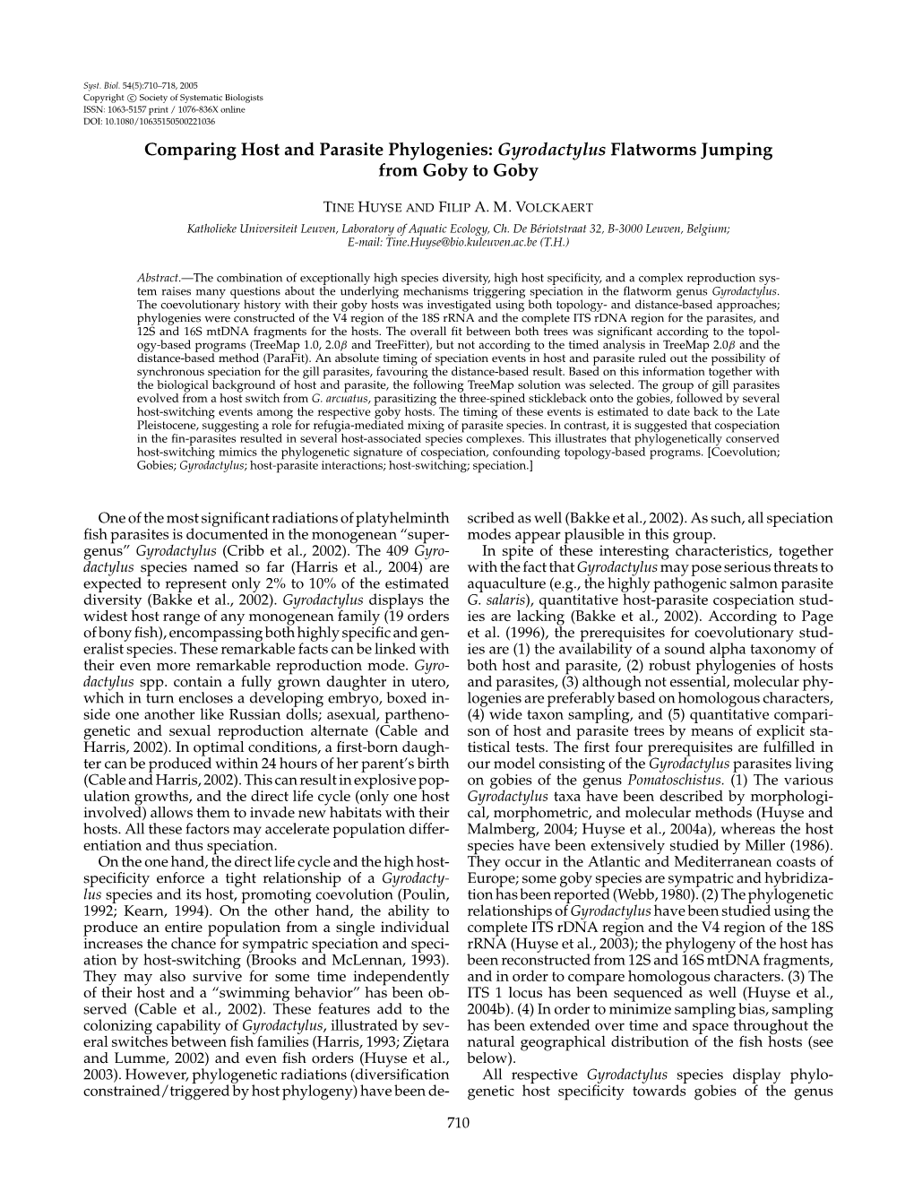 Comparing Host and Parasite Phylogenies: Gyrodactylus Flatworms Jumping from Goby to Goby