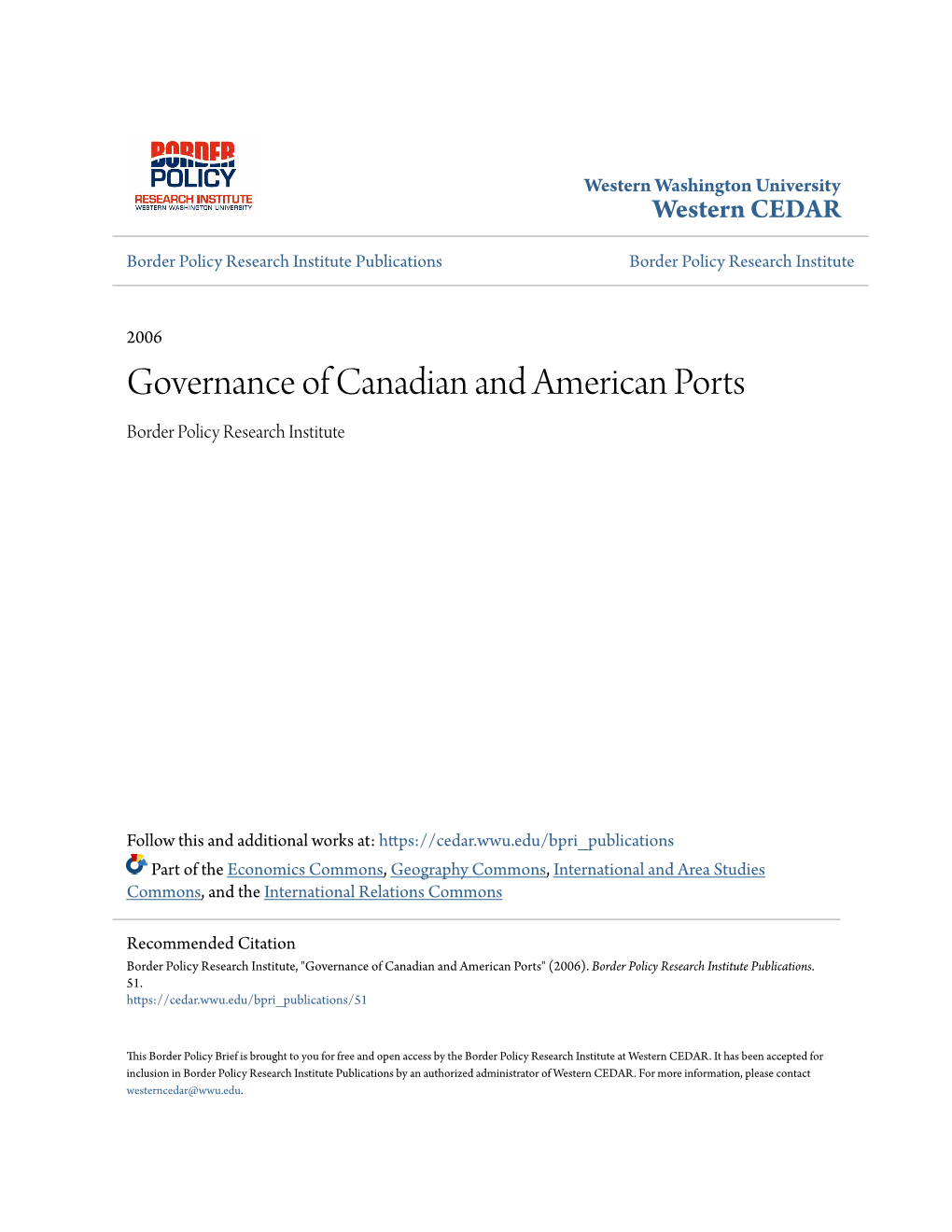 Governance of Canadian and American Ports Border Policy Research Institute