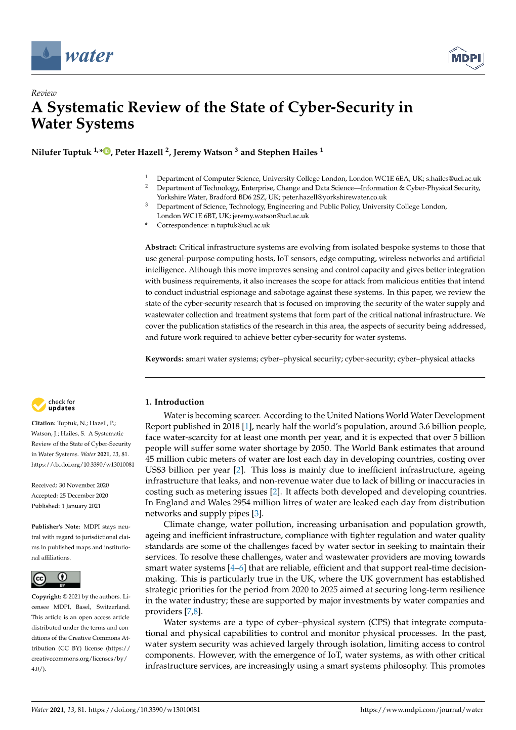 A Systematic Review of the State of Cyber-Security in Water Systems