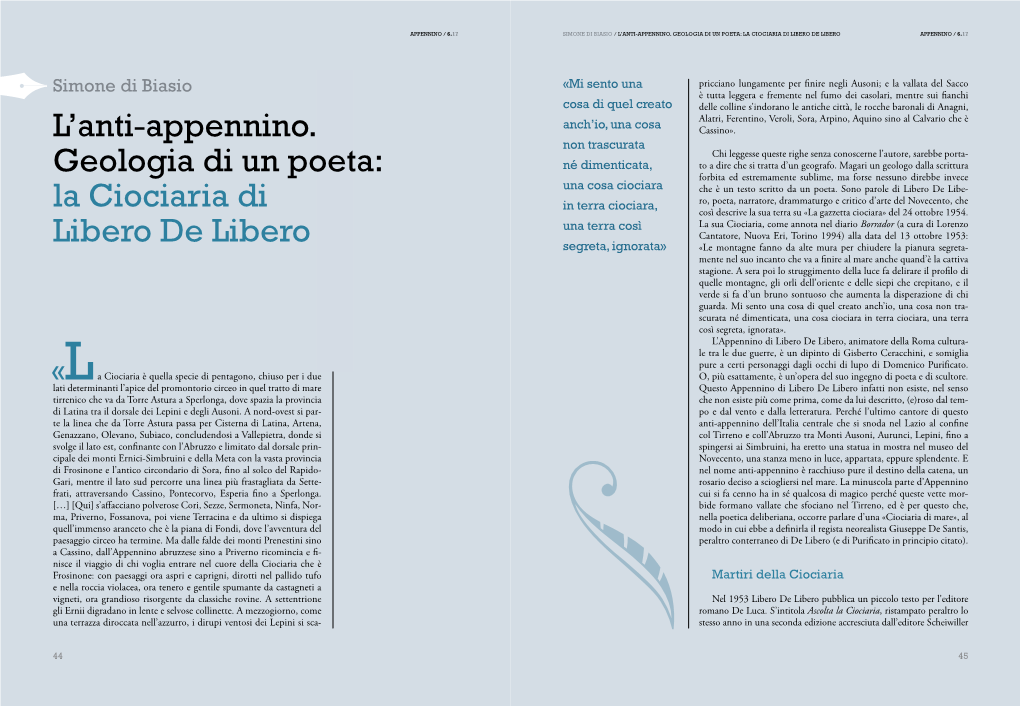 L'anti-Appennino. Geologia Di Un Poeta: La Ciociaria Di Libero De Libero