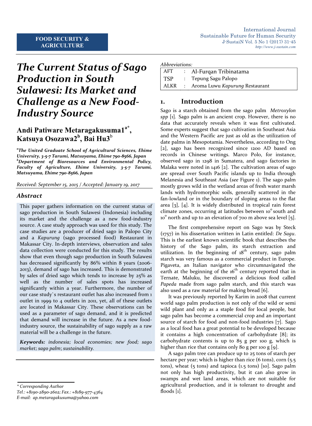 The Current Status of Sago Production in South Sulawesi