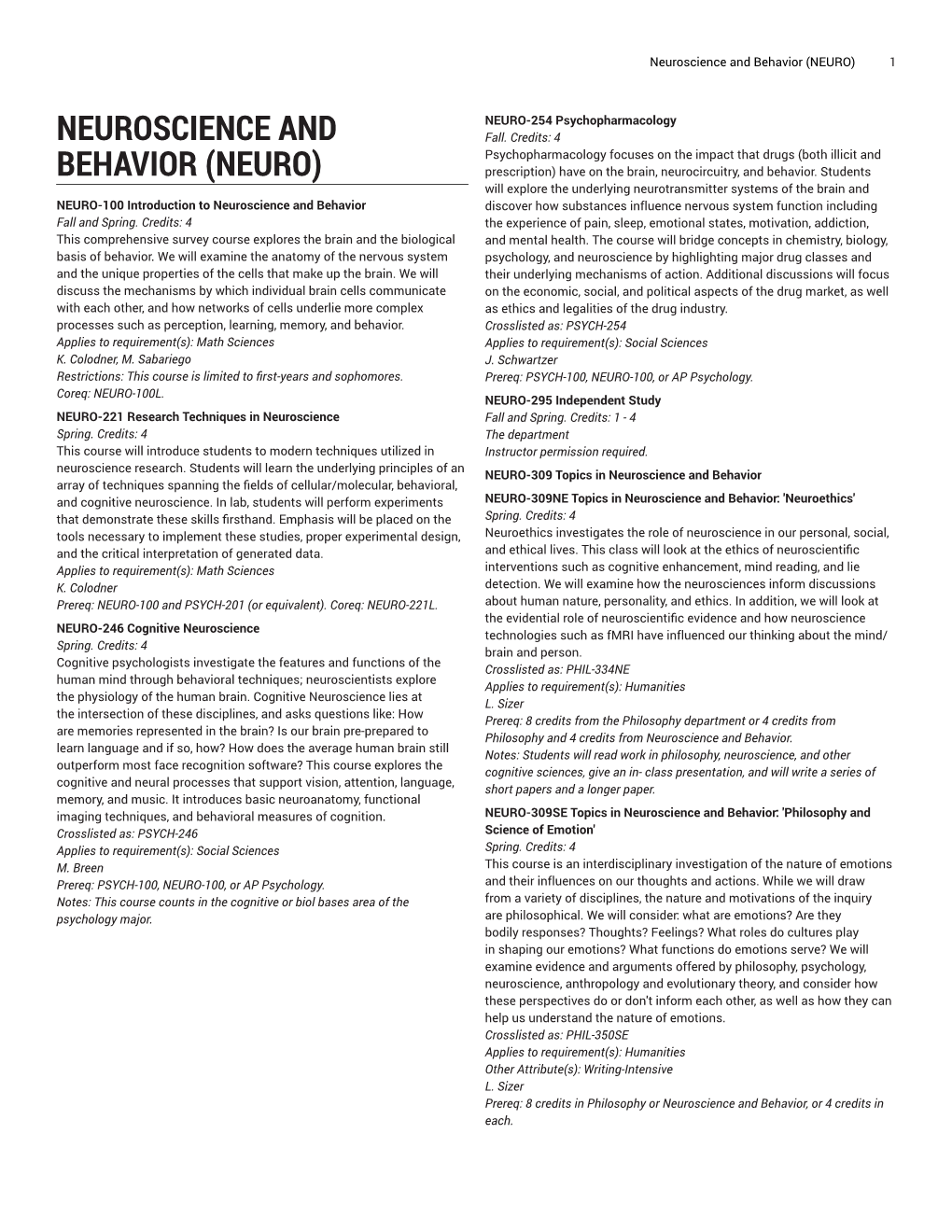 Neuroscience and Behavior (NEURO) 1