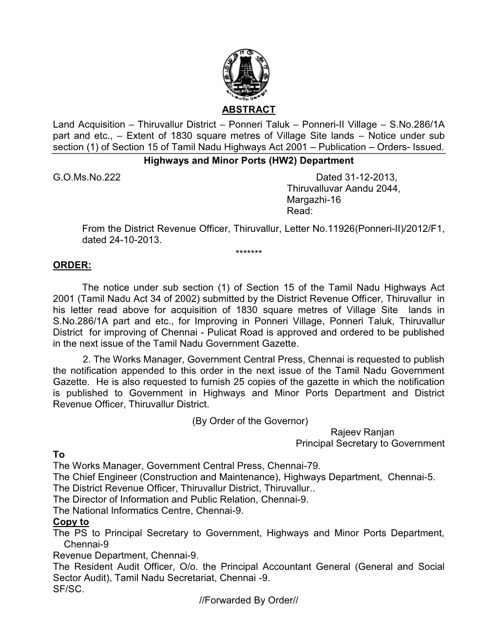 ABSTRACT Land Acquisition – Thiruvallur District – Ponneri Taluk – Ponneri-II Village – S.No.286/1A Part and Etc