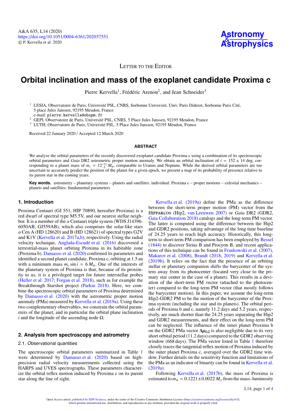 Orbital Inclination and Mass of the Exoplanet Candidate Proxima C Pierre Kervella1, Frédéric Arenou2, and Jean Schneider3