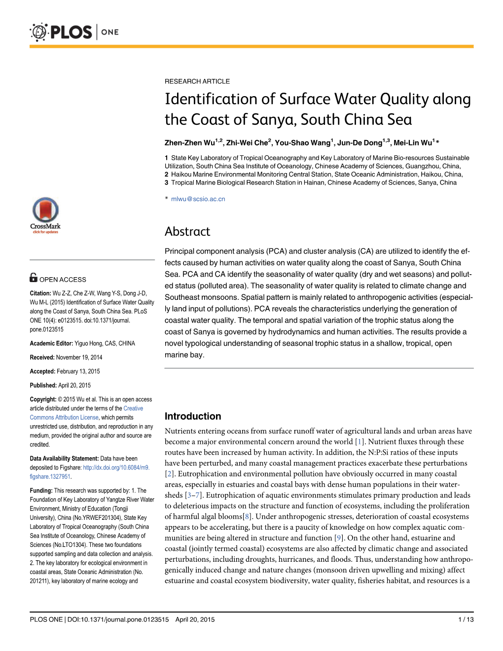 Identification of Surface Water Quality Along the Coast of Sanya, South China Sea