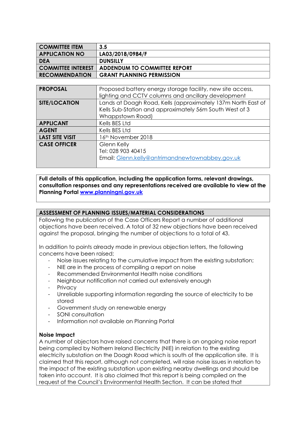 Committee Item 3.5 Application No La03/2018/0984/F Dea Dunsilly Committee Interest Addendum to Committee Report Recommendation Grant Planning Permission