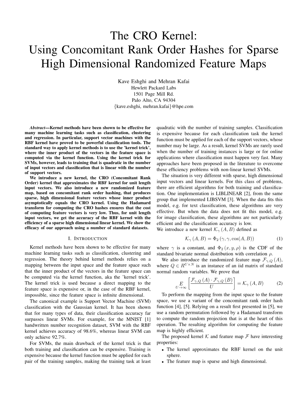 The CRO Kernel: Using Concomitant Rank Order Hashes for Sparse High Dimensional Randomized Feature Maps