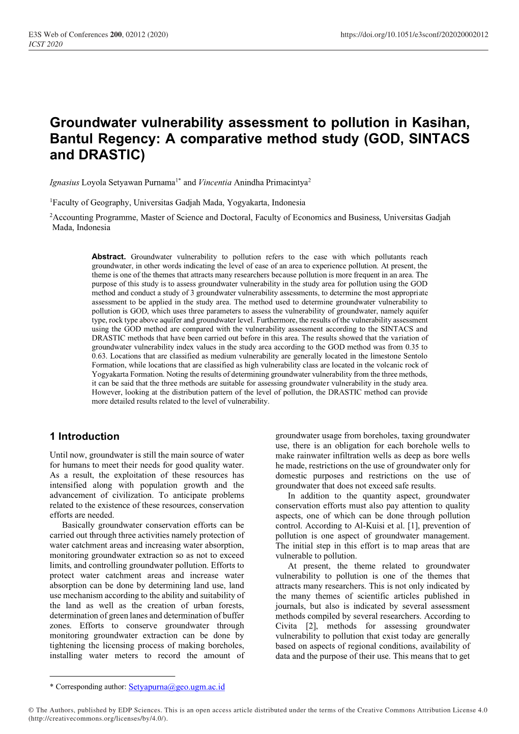 Groundwater Vulnerability Assessment to Pollution in Kasihan, Bantul Regency: a Comparative Method Study (GOD, SINTACS and DRASTIC)
