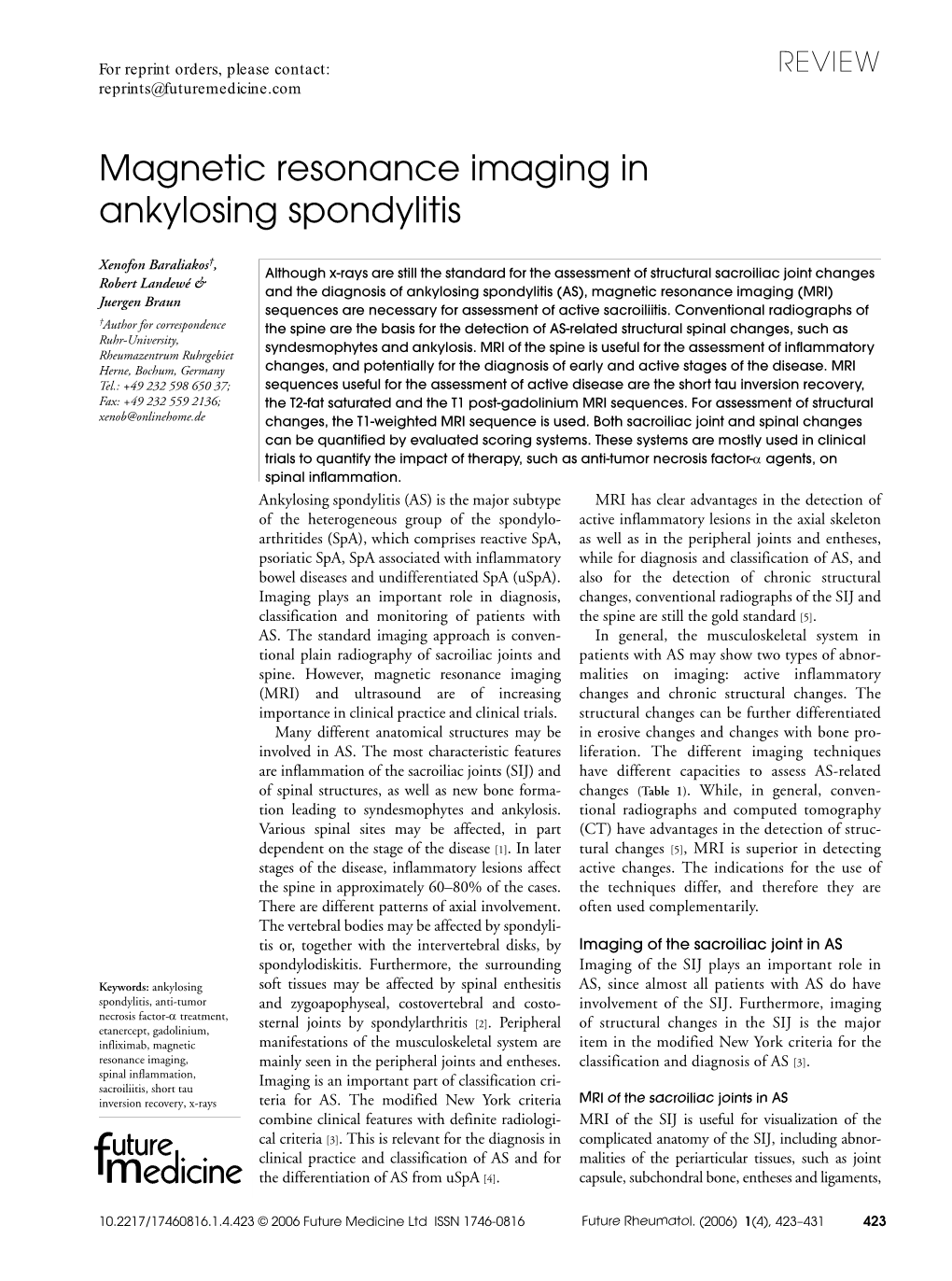 Magnetic Resonance Imaging in Ankylosing Spondylitis