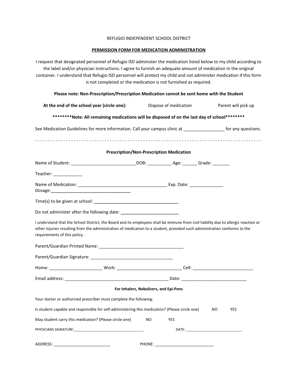 Permission Form for Medication Administration